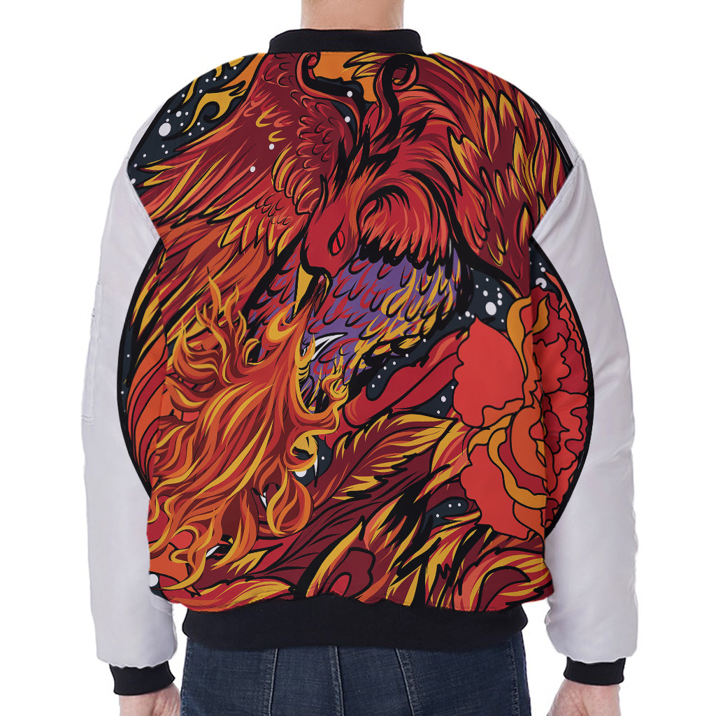 Japanese Phoenix Print Zip Sleeve Bomber Jacket