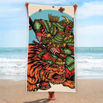 Japanese Samurai And Tiger Print Beach Towel