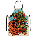 Japanese Samurai And Tiger Print Bib Apron With Pocket