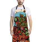 Japanese Samurai And Tiger Print Bib Apron With Pocket
