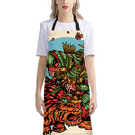 Japanese Samurai And Tiger Print Bib Apron With Pocket