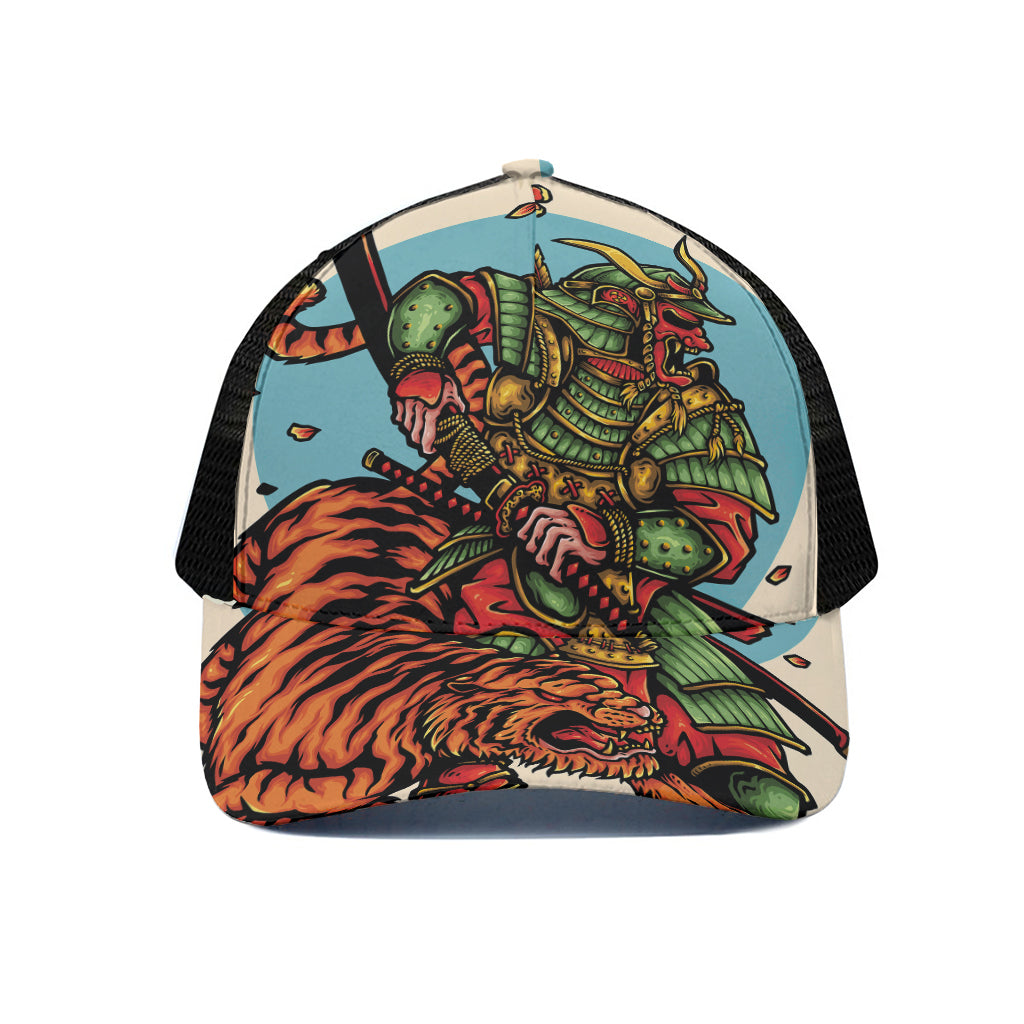 Japanese Samurai And Tiger Print Black Mesh Trucker Cap