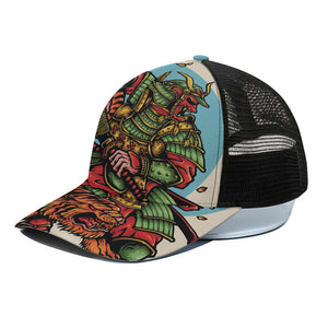 Japanese Samurai And Tiger Print Black Mesh Trucker Cap