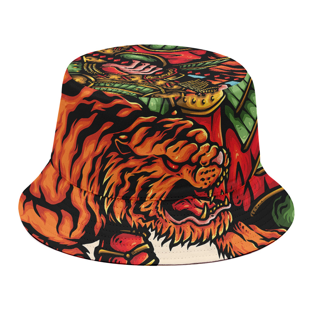 Japanese Samurai And Tiger Print Bucket Hat