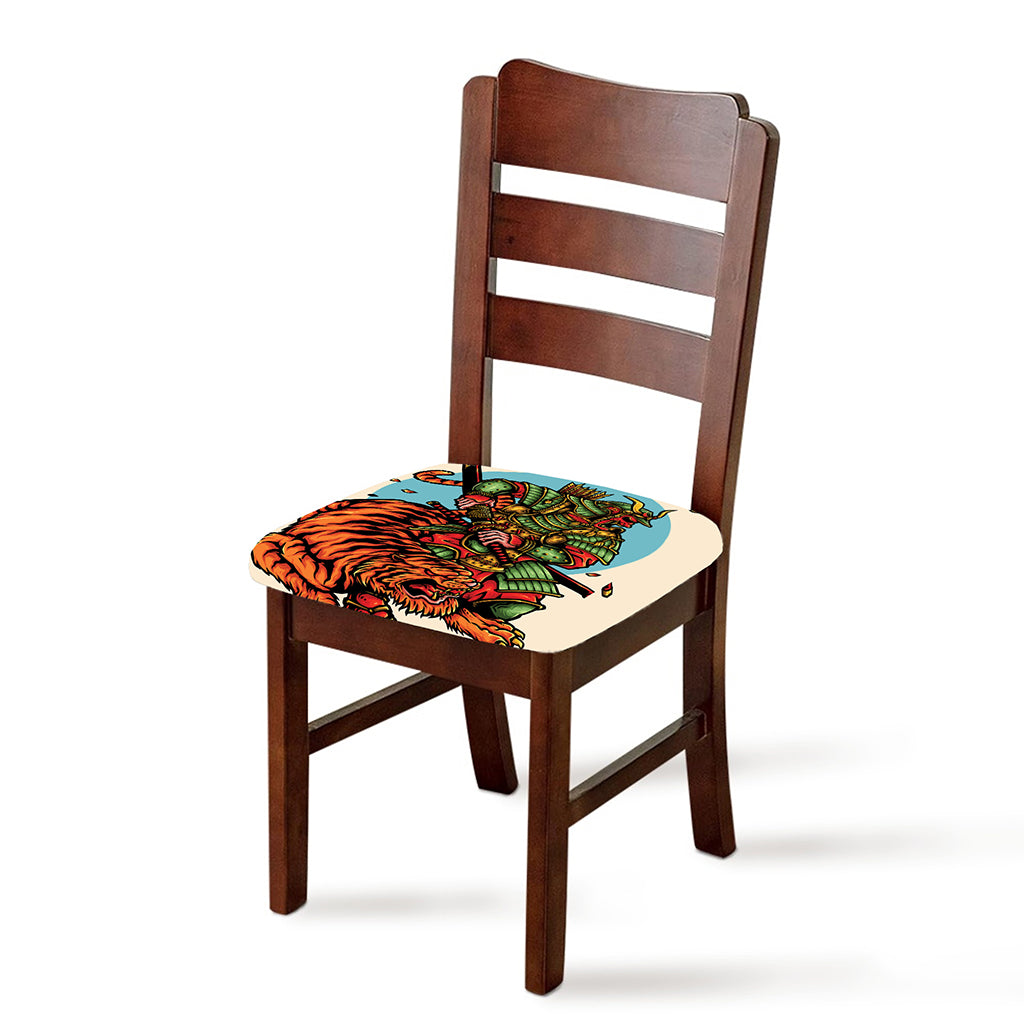 Japanese Samurai And Tiger Print Chair Cushion Cover
