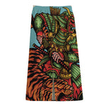 Japanese Samurai And Tiger Print Cotton Front Slit Maxi Skirt