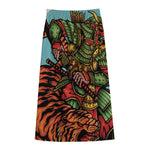 Japanese Samurai And Tiger Print Cotton Front Slit Maxi Skirt