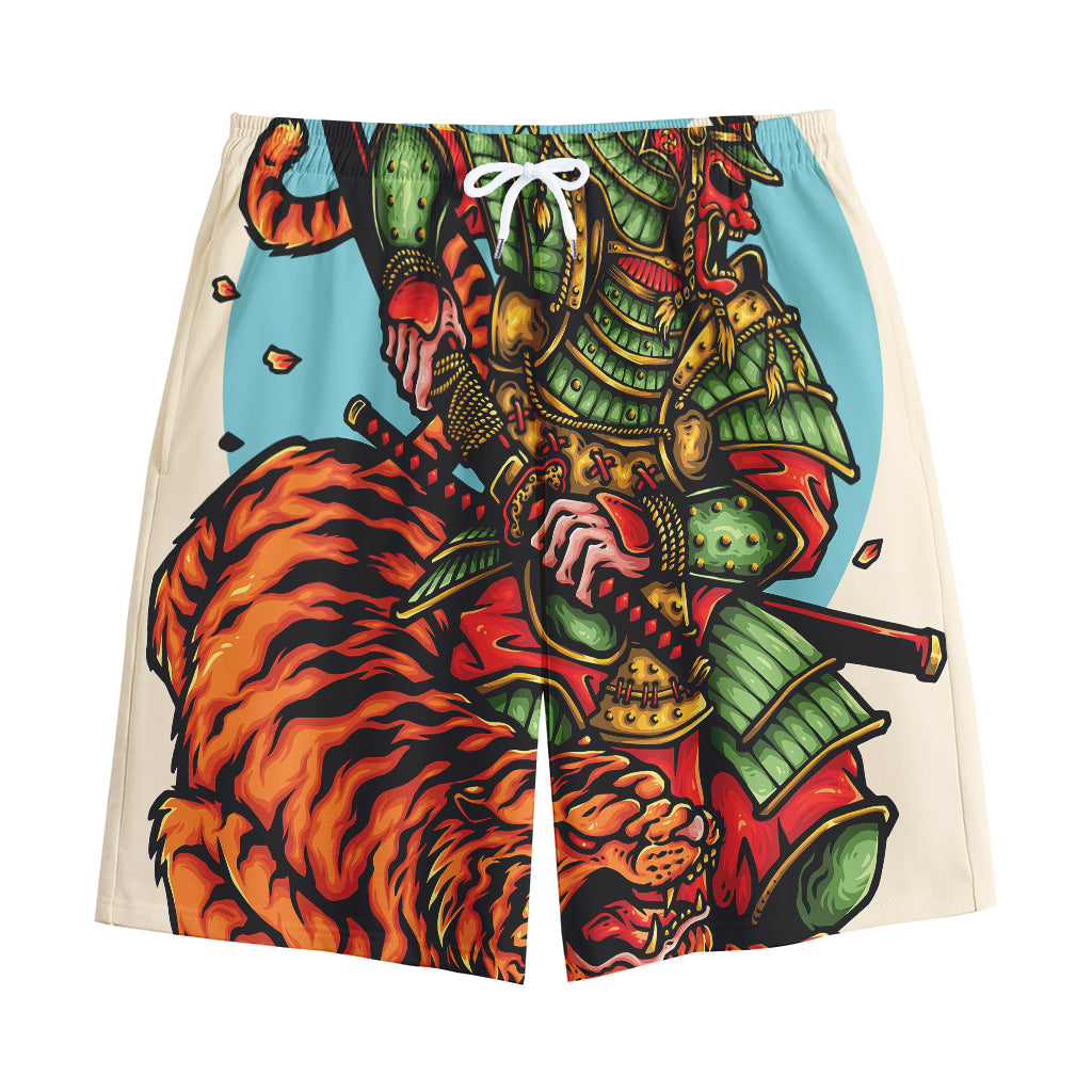 Japanese Samurai And Tiger Print Cotton Shorts