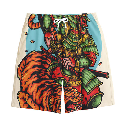 Japanese Samurai And Tiger Print Cotton Shorts