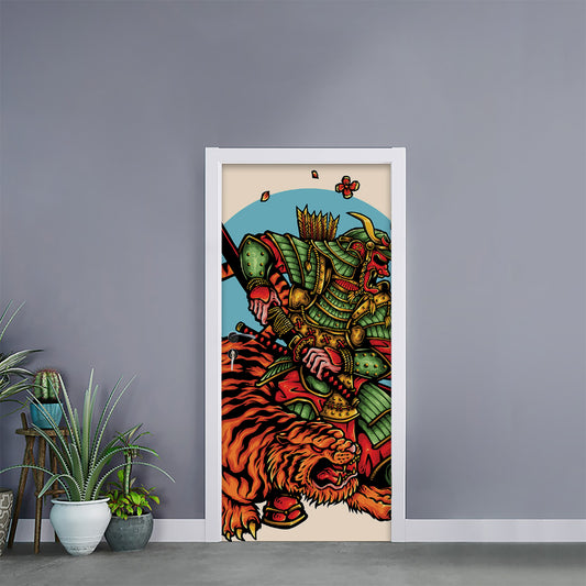 Japanese Samurai And Tiger Print Door Sticker