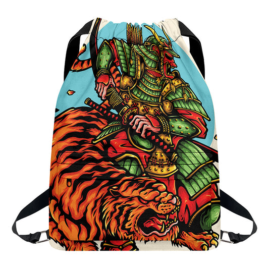 Japanese Samurai And Tiger Print Drawstring Backpack