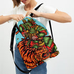 Japanese Samurai And Tiger Print Drawstring Backpack