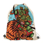 Japanese Samurai And Tiger Print Drawstring Bag
