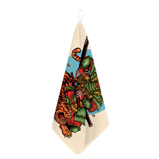 Japanese Samurai And Tiger Print Hand Towel
