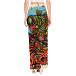 Japanese Samurai And Tiger Print High Slit Maxi Skirt
