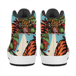 Japanese Samurai And Tiger Print High Top Leather Sneakers