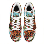 Japanese Samurai And Tiger Print High Top Leather Sneakers