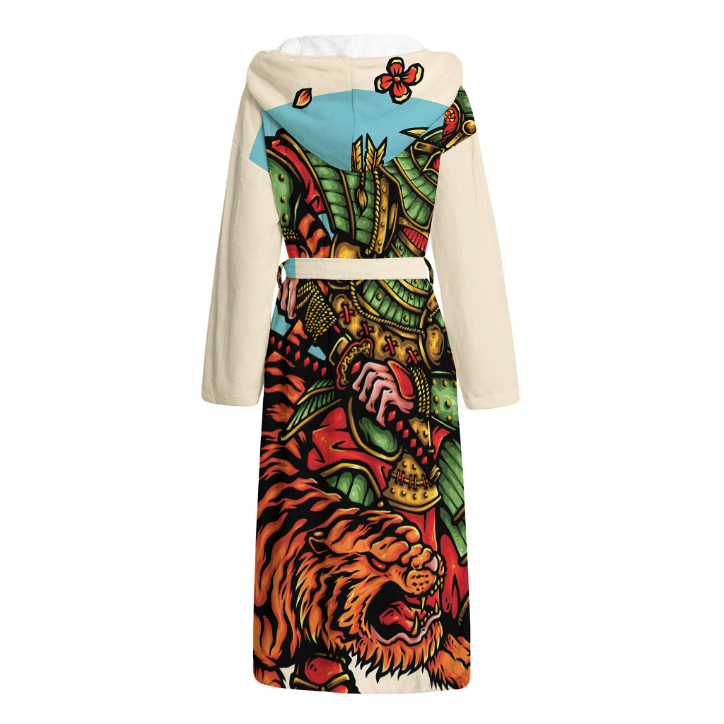 Japanese Samurai And Tiger Print Hooded Bathrobe