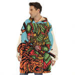 Japanese Samurai And Tiger Print Hoodie Blanket