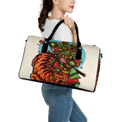 Japanese Samurai And Tiger Print Leather Duffle Bag