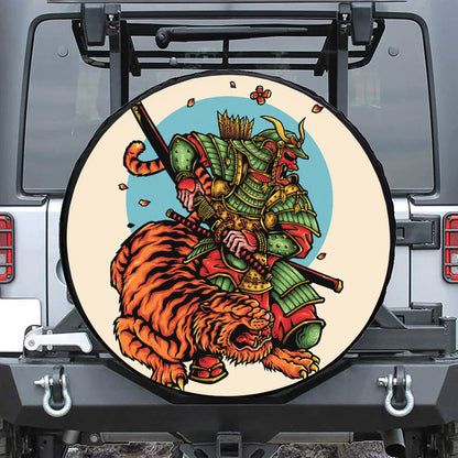 Japanese Samurai And Tiger Print Leather Spare Tire Cover