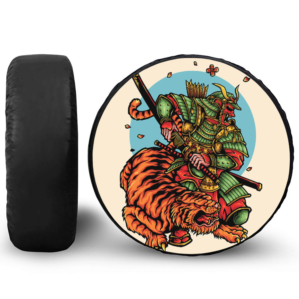 Japanese Samurai And Tiger Print Leather Spare Tire Cover