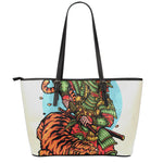 Japanese Samurai And Tiger Print Leather Tote Bag