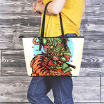 Japanese Samurai And Tiger Print Leather Tote Bag