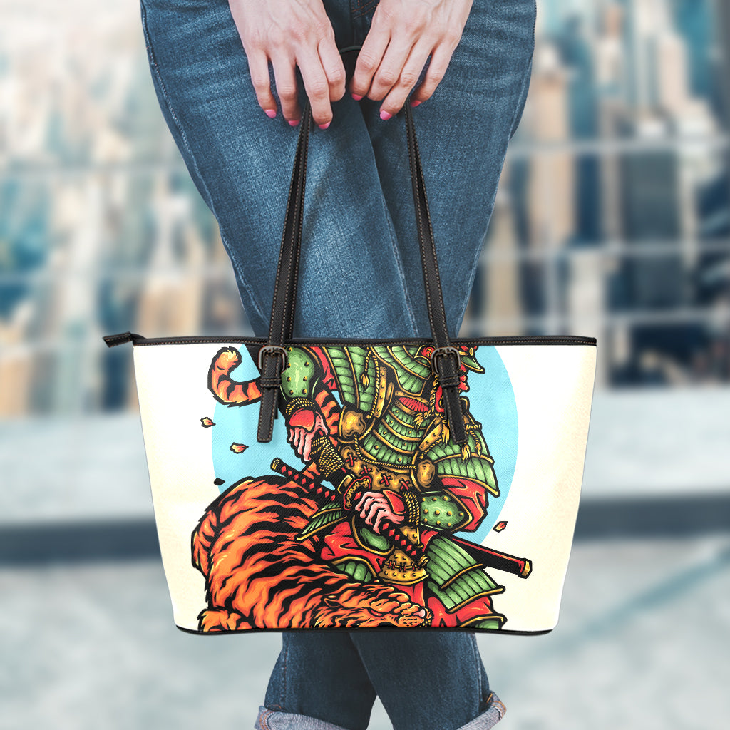 Japanese Samurai And Tiger Print Leather Tote Bag