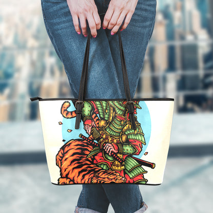 Japanese Samurai And Tiger Print Leather Tote Bag
