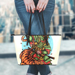 Japanese Samurai And Tiger Print Leather Tote Bag
