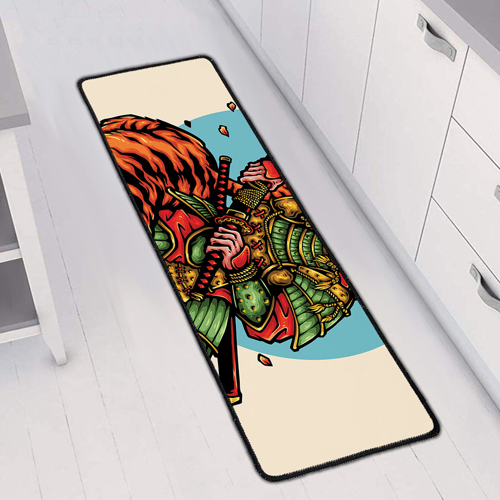 Japanese Samurai And Tiger Print Long Kitchen Mat