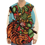 Japanese Samurai And Tiger Print Long Sleeve Baseball Jersey