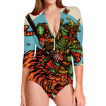 Japanese Samurai And Tiger Print Long Sleeve Swimsuit