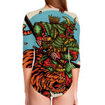 Japanese Samurai And Tiger Print Long Sleeve Swimsuit