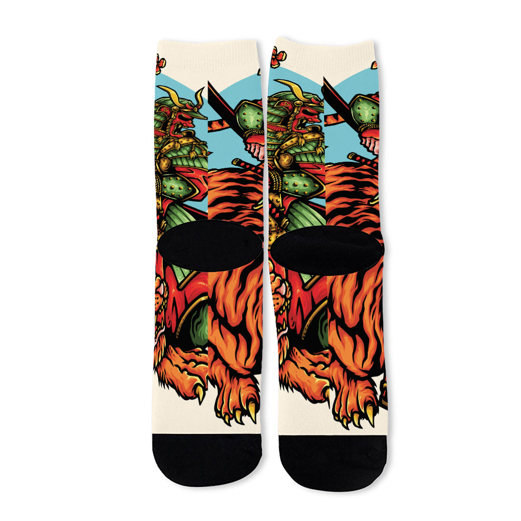 Japanese Samurai And Tiger Print Long Socks