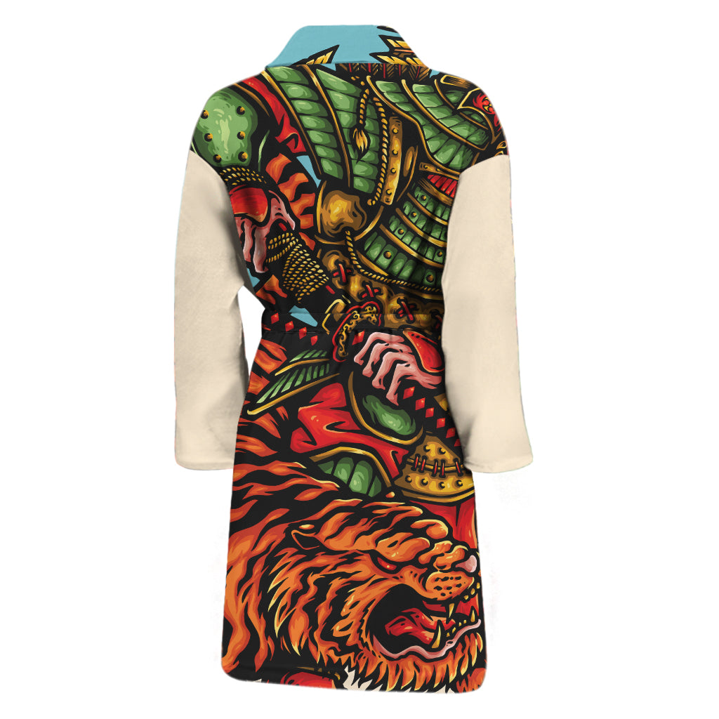 Japanese Samurai And Tiger Print Men's Bathrobe