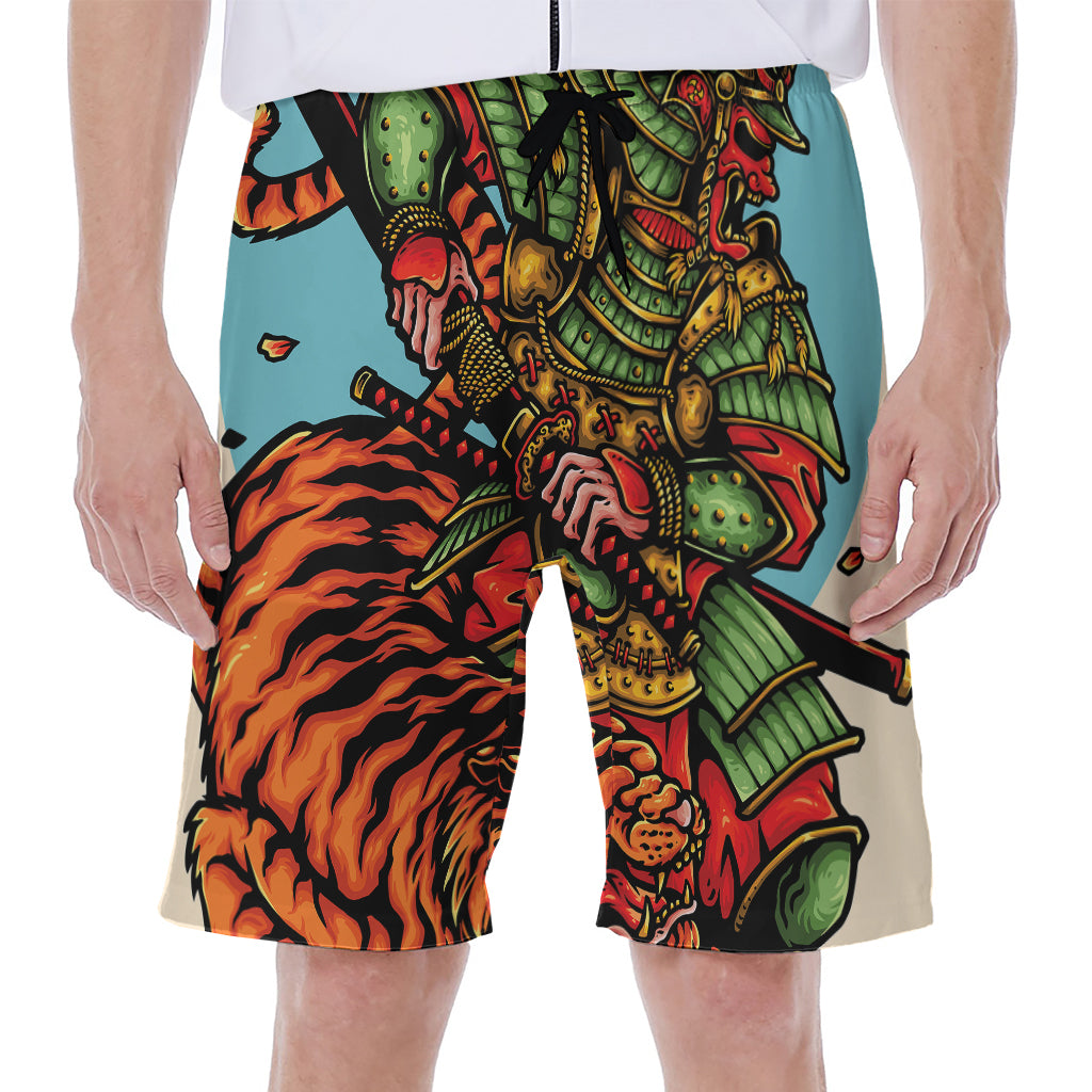 Japanese Samurai And Tiger Print Men's Beach Shorts