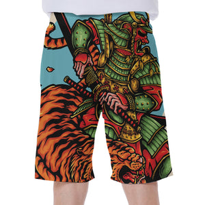 Japanese Samurai And Tiger Print Men's Beach Shorts