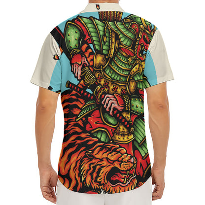 Japanese Samurai And Tiger Print Men's Deep V-Neck Shirt