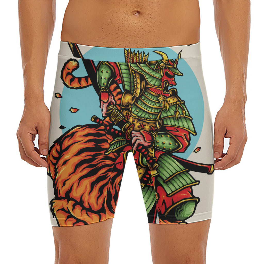 Japanese Samurai And Tiger Print Men's Long Boxer Briefs