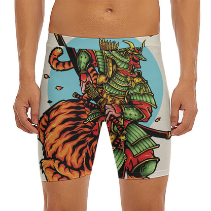 Japanese Samurai And Tiger Print Men's Long Boxer Briefs