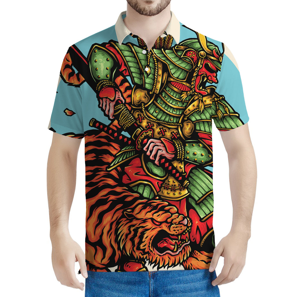 Japanese Samurai And Tiger Print Men's Polo Shirt