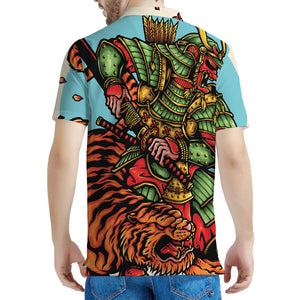 Japanese Samurai And Tiger Print Men's Polo Shirt