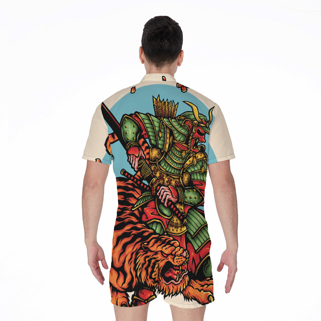 Japanese Samurai And Tiger Print Men's Rompers