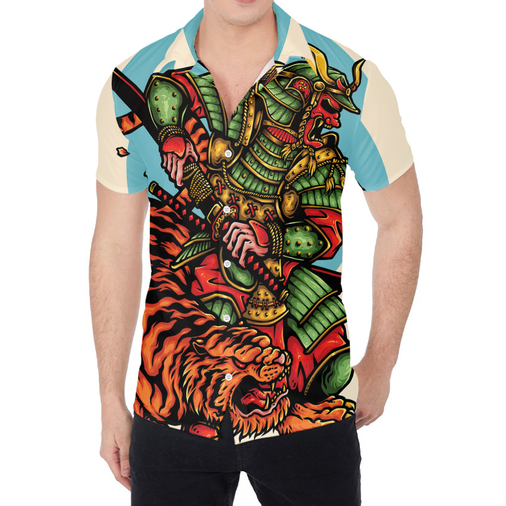 Japanese Samurai And Tiger Print Men's Shirt