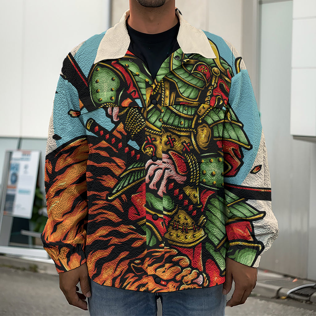 Japanese Samurai And Tiger Print Men's Shirt Jacket
