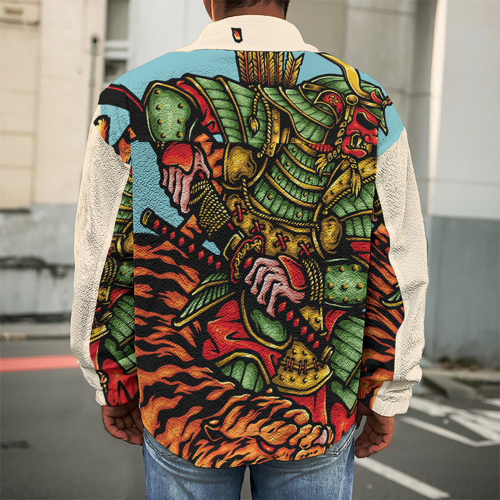 Japanese Samurai And Tiger Print Men's Shirt Jacket