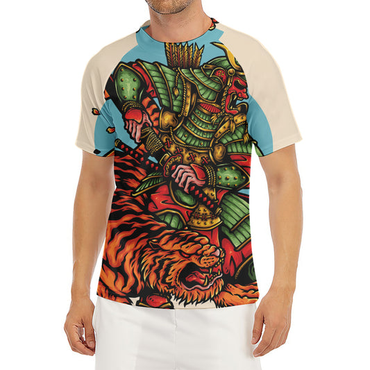 Japanese Samurai And Tiger Print Men's Short Sleeve Rash Guard