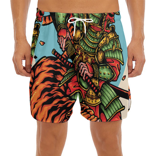 Japanese Samurai And Tiger Print Men's Split Running Shorts